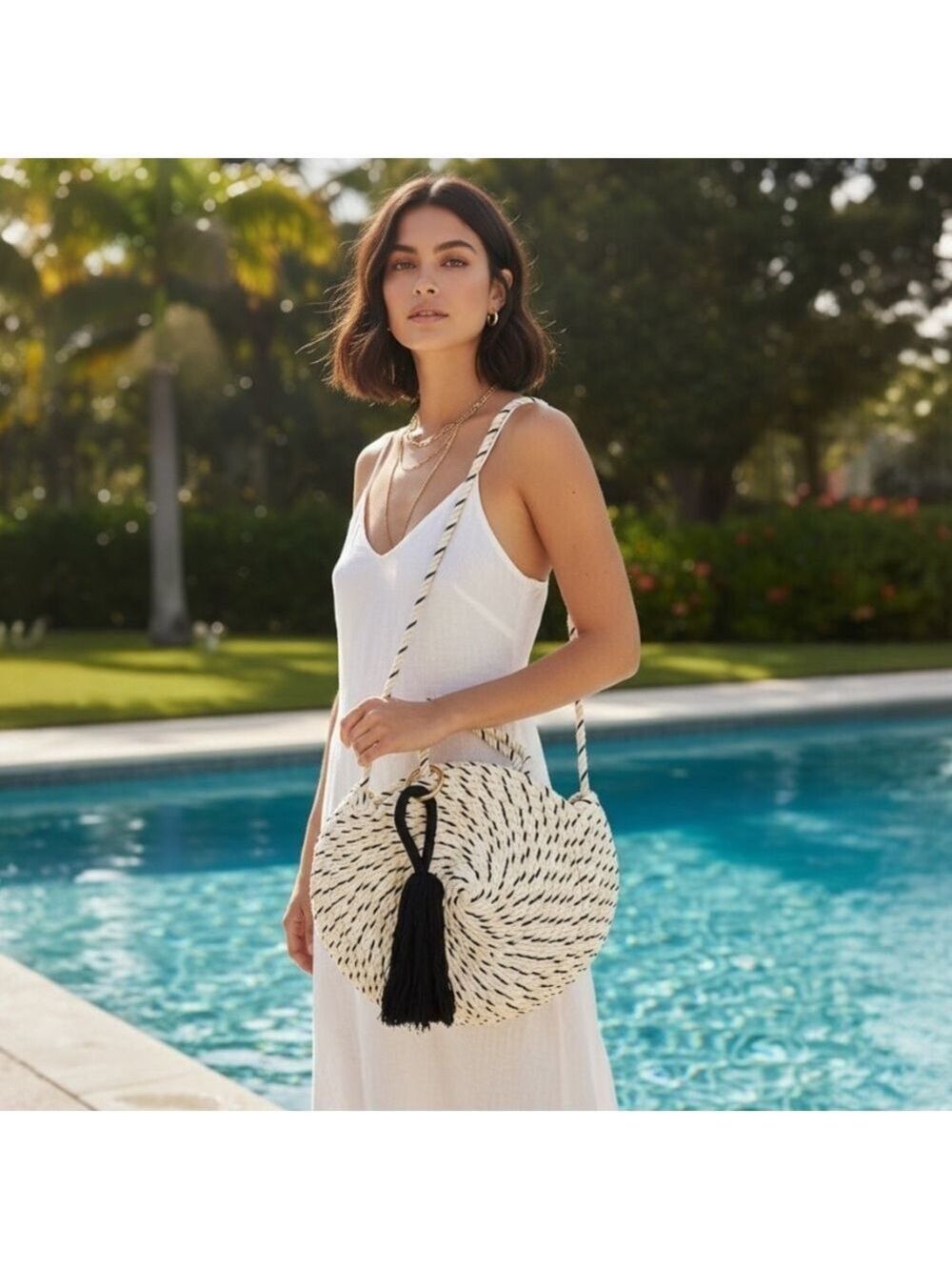 Zara TRF Round Rope Crossbody Bag Black Ivory Bohemian Tassel